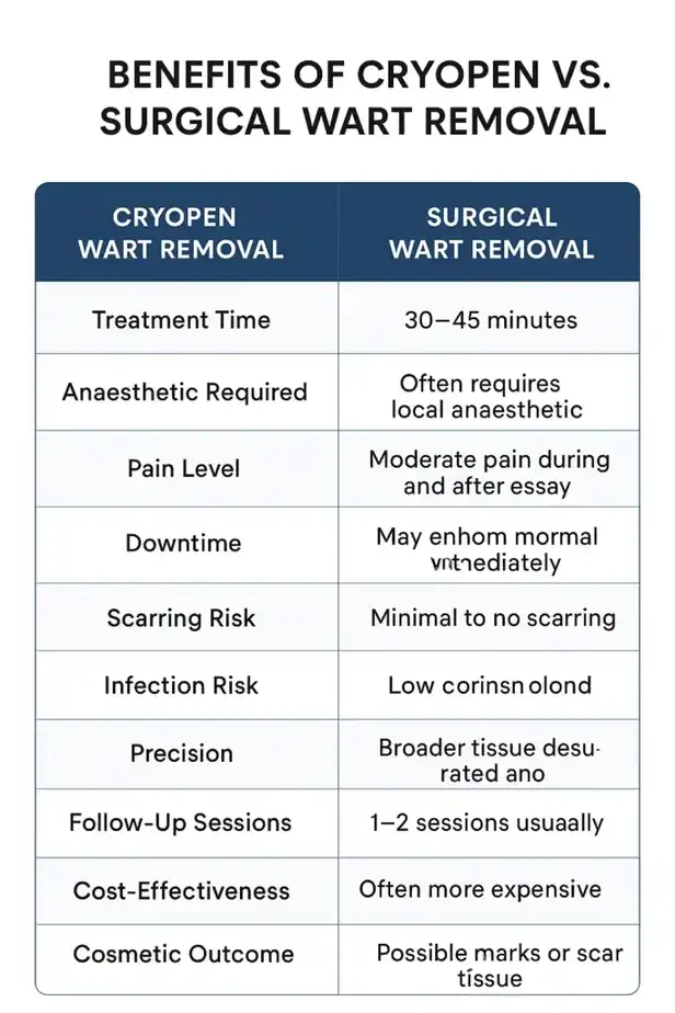 Table showing the benefits of cryopen to remove warts Royal Leamington Spa compared to surgical treatment